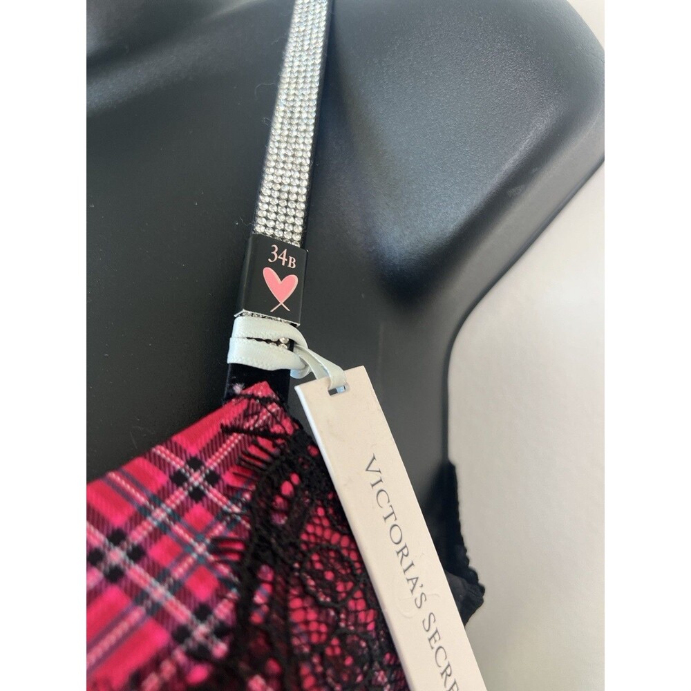 Victoria Secret Bra 34B Bombshell Push Up Red Black Plaid Shine Strap Lace Bling - Picture 4 of 7
